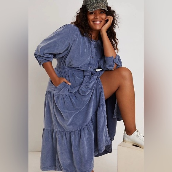 Pilcro Dresses & Skirts - Pilcro Anthropologie Marta tiered navy corduroy button down maxi dress 1X